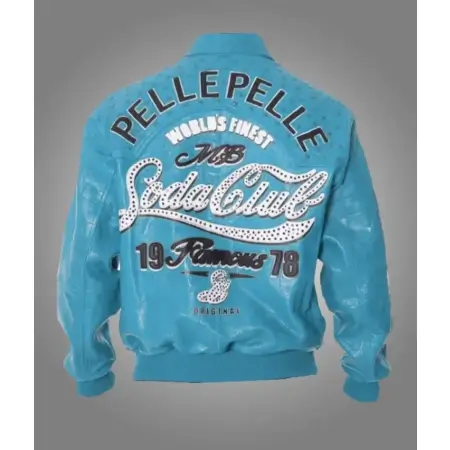 Pelle Pelle Soda Club Turquoise Jacket Turquoise Pelle Pelle Soda Club Jacket with embroidered back logo Side view of Pelle Pelle Soda Club Turquoise Leather Jacket