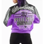 Pelle Pelle Garde 37 Years Strong Purple Leather Jacket in royal purple with embroidered artwork and premium leather finish.