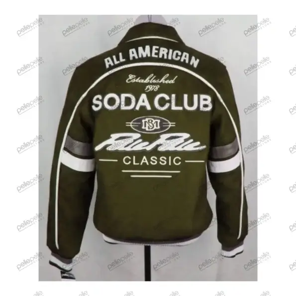 Pelle Pelle Olive All American Jacket crafted from 100% genuine plush leather with satin lining, embroidered logo, and two-layer leather artwork.
