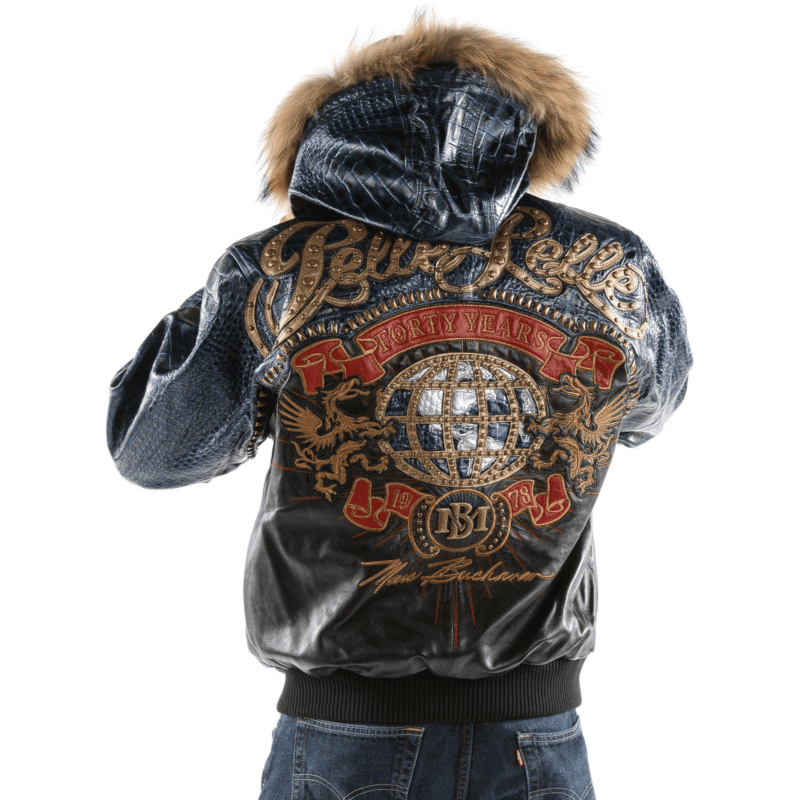 Forty Years Pelle Pelle Black & Blue MB Leather Jacket Front view of Forty Years Pelle Pelle Black & Blue MB Leather Jacket Model styling Forty Years Pelle Pelle MB Black & Blue Jacket