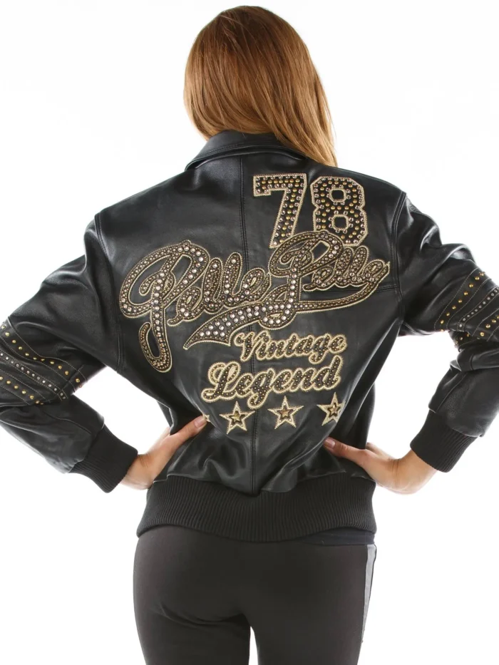 Ladies pelle pelle black gold varsity jacket