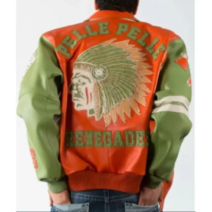 Pelle Pelle Renegades Orange Leather Jacket Back design of Pelle Pelle Renegades Orange Jacket with embroidery Pelle Pelle embroidered logo on Renegades Orange Leather Jacket